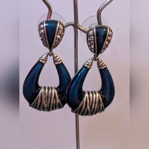 Vintage Signed BUTLER FAC Blue Enamel & Rhinestone Door Knocker Earrings